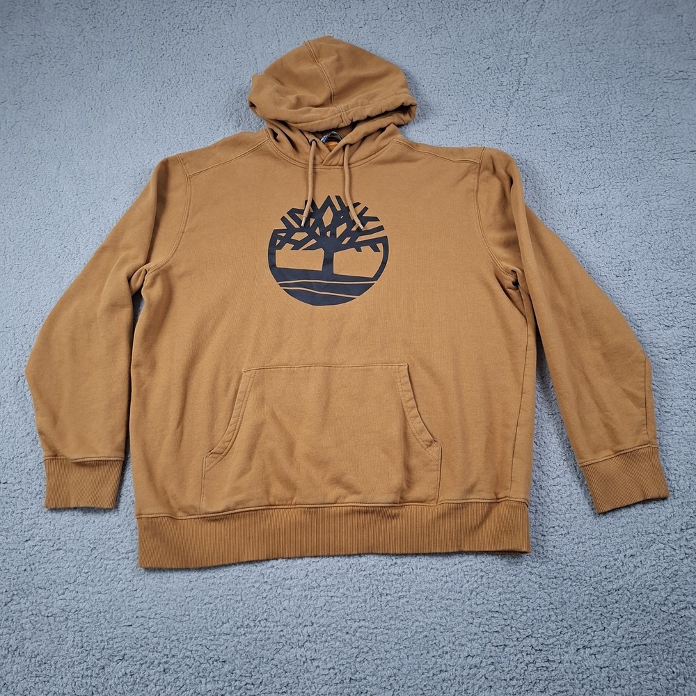 Timberland Mens XXL Classic Tan Graphic Print Logo Pullover Hoodie Fleece Pocket